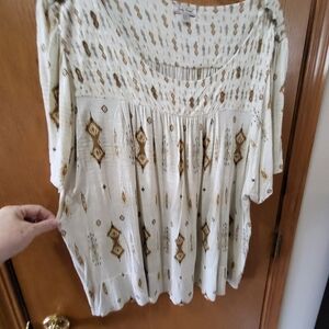 Women's Lucky Brand Cream and Brown Patterned Top